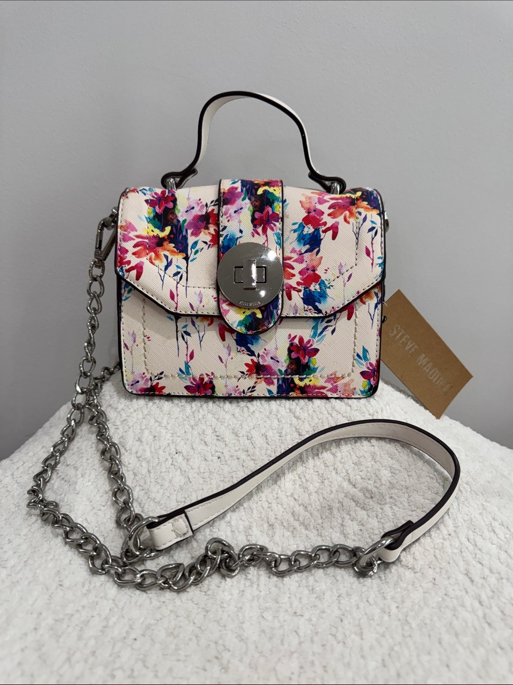 NWT Steve Madden Cream Floral Mini Satchel with Silver Chain